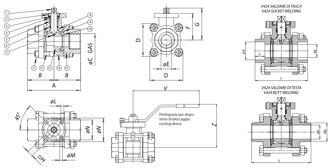 三片式不銹鋼球閥 ITEM424結構圖